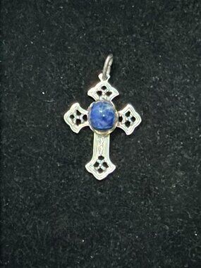Silver Tone Ornate Cross with Sodalite Center Pendant